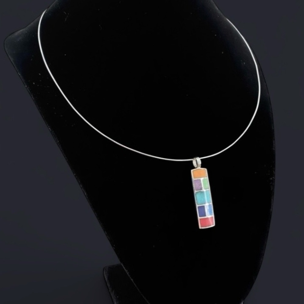 Sterling Silver Multicolor Inlay Thailand Pendant & 18" Omega Italy Chain